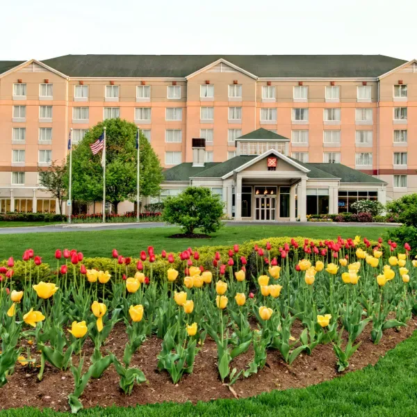 Hilton Garden Inn Albany Airport exterior behind landscaped flower beds